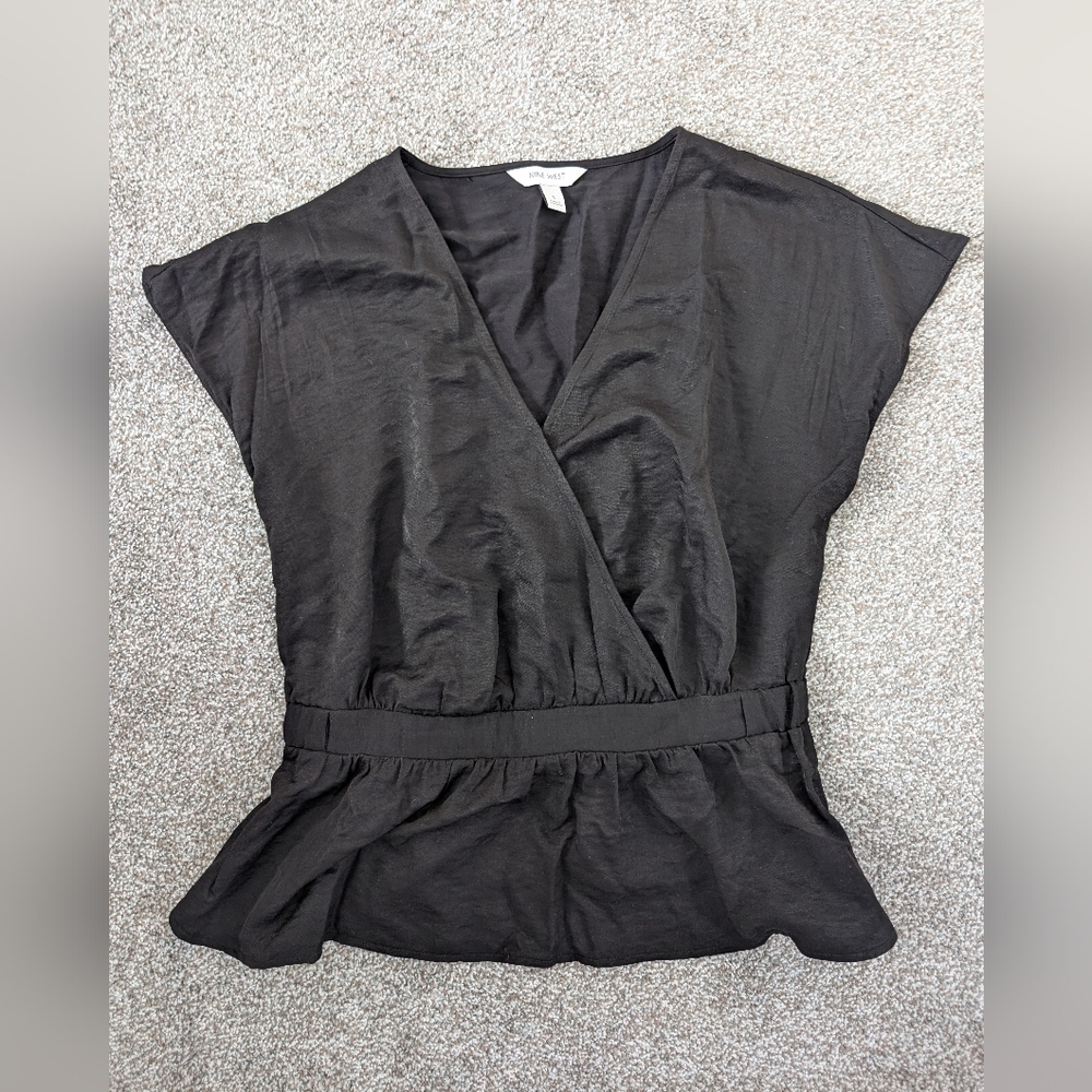 Nine West Black Wrap Peplum Blouse Top Size Small
